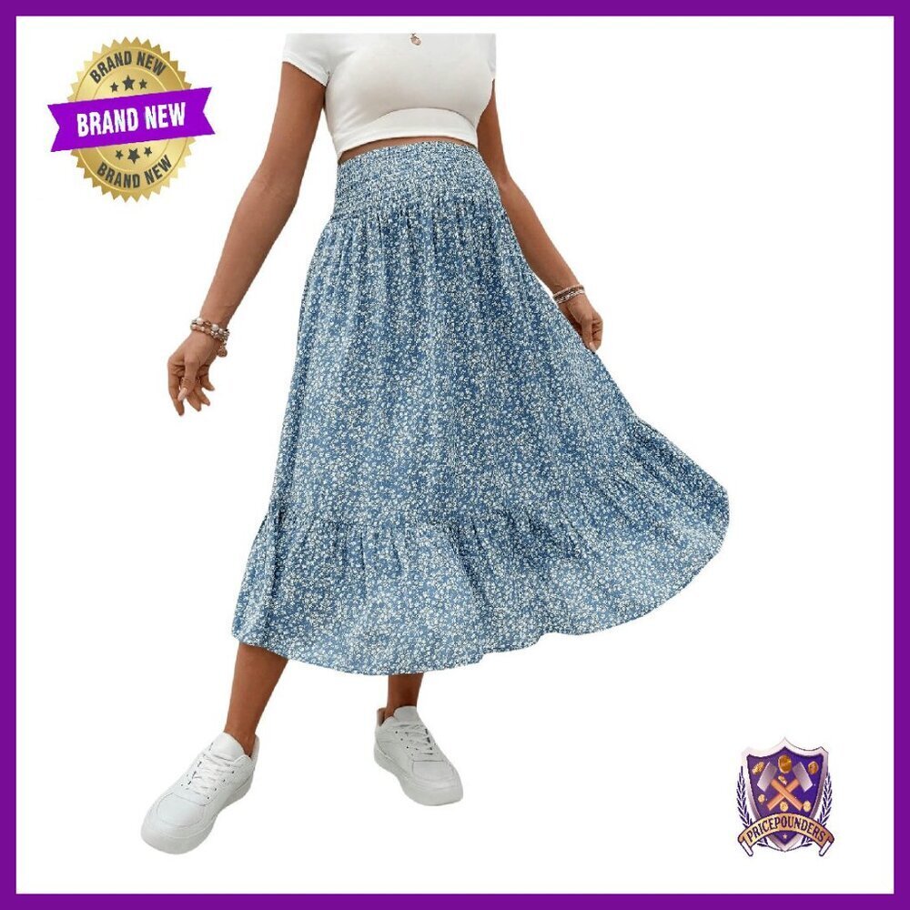 Maternity Floral Midi Skirt Shirred Waist Flowy Casual Pregnancy